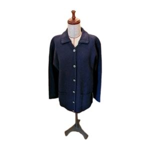 Vintage Karen Scott Size L Cardigan Sweater Duster Pockets Blue Pure Wool Preppy